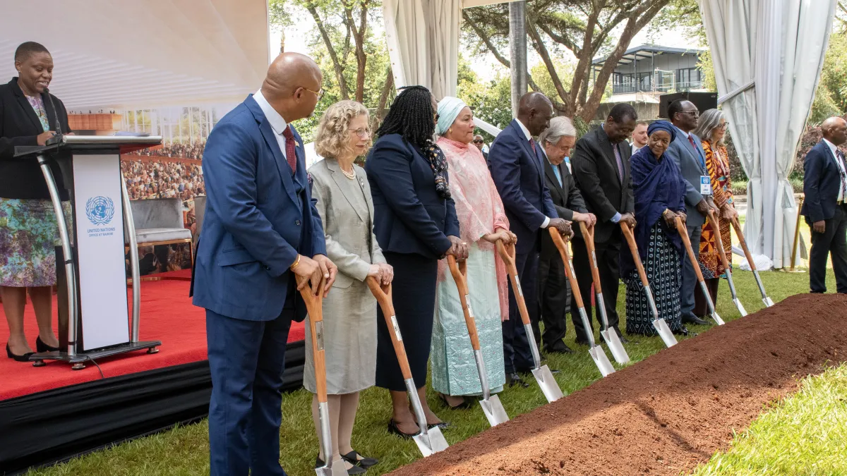 Secretary-General António Guterres (centre) with other officials at the inauguration of new office buildings at the UN Office in Nairobi and groundbreaking of the conference facility.