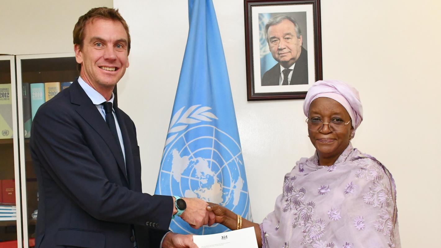 H.E Mr. Edward Barnett presents his credentials as Permanent Representative of the United Kingdom of Great Britain and Northern Ireland to the United Nations Offices in Nairobi.