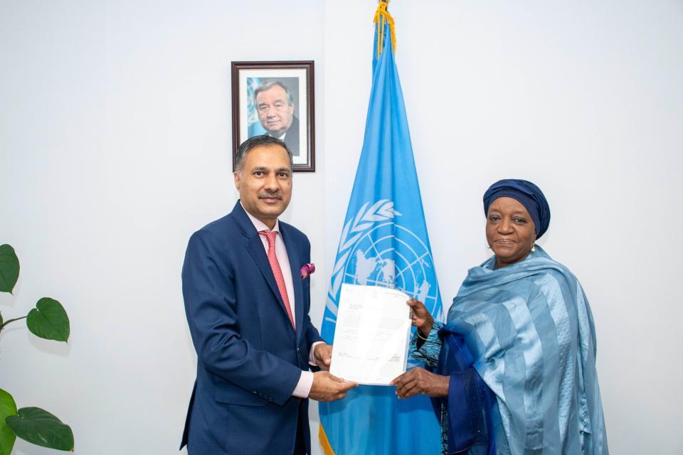 H.E Dr. Adarsh Swaika, the new Permanent Representative of the Republic of India to the United Nations Office at Nairobi, the United Nations Environment Programme (UNEP), and the United Nations Human Settlements Programme (UN-Habitat), presented his credentials to Madam Zainab Hawa Bangura, Director-General of the United Nations Office at Nairobi (UNON).