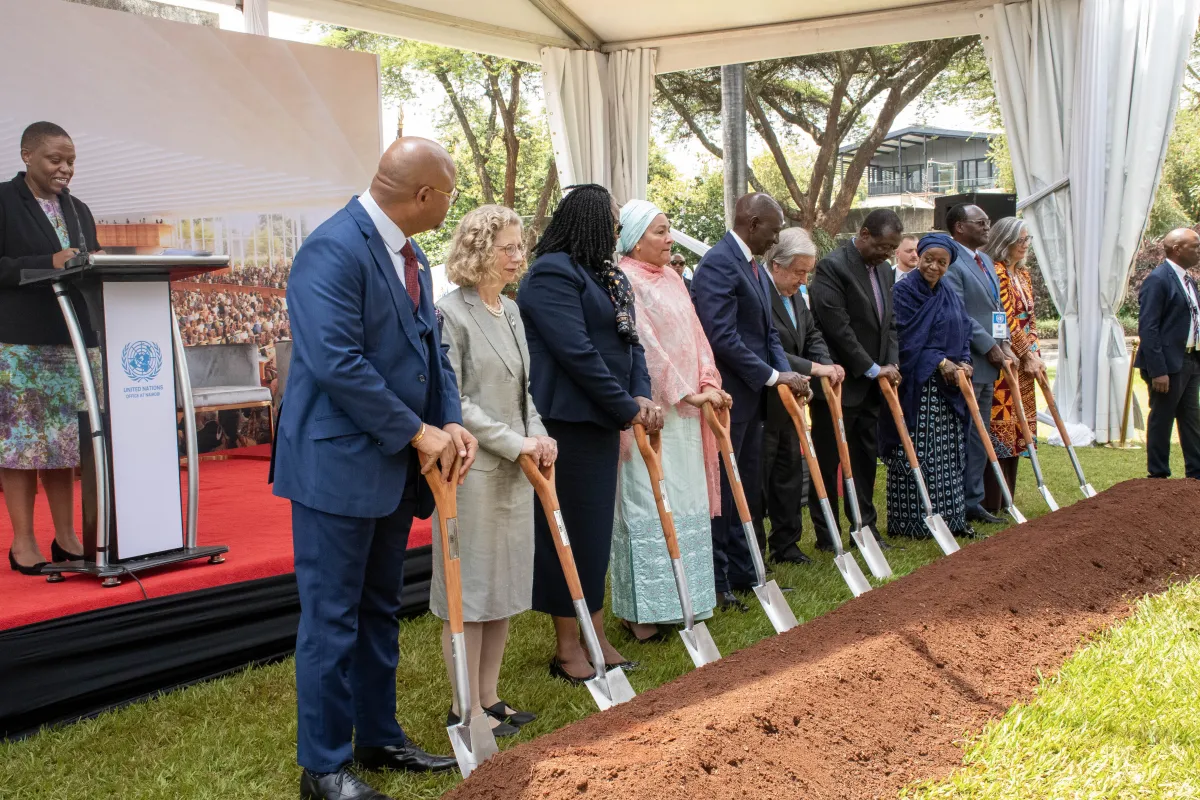 Secretary-General António Guterres (centre) with other officials at the inauguration of new office buildings at the UN Office in Nairobi and groundbreaking of the conference facility.