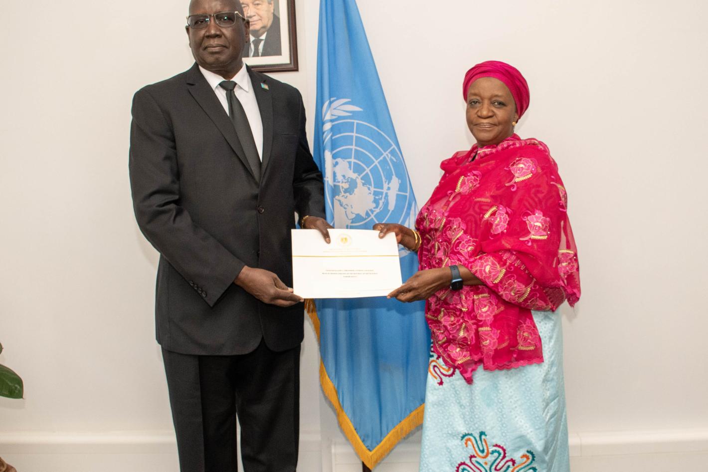 H.E. Amb. Anthony Louis Kon, the new Permanent Representative of the Republic of South Sudan to the United Nations Office at Nairobi, the United Nations Environment Programme (UNEP), and the United Nations Human Settlements Programme (UN-Habitat), presented his credentials to Madam Zainab Hawa Bangura, Director-General of the United Nations Office at Nairobi (UNON)