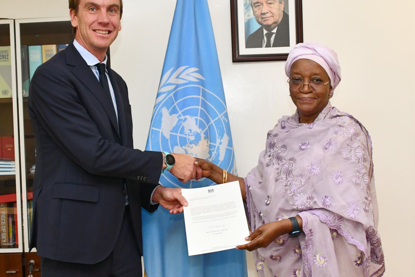 H.E Mr. Edward Barnett presents his credentials as Permanent Representative of the United Kingdom of Great Britain and Northern Ireland to the United Nations Offices in Nairobi.