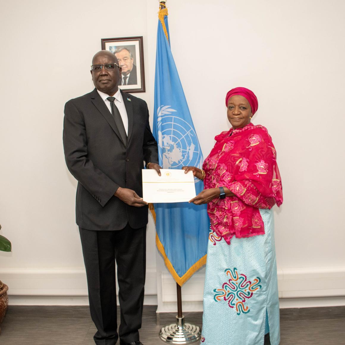 H.E. Amb. Anthony Louis Kon, the new Permanent Representative of the Republic of South Sudan to the United Nations Office at Nairobi, the United Nations Environment Programme (UNEP), and the United Nations Human Settlements Programme (UN-Habitat), presented his credentials to Madam Zainab Hawa Bangura, Director-General of the United Nations Office at Nairobi (UNON)