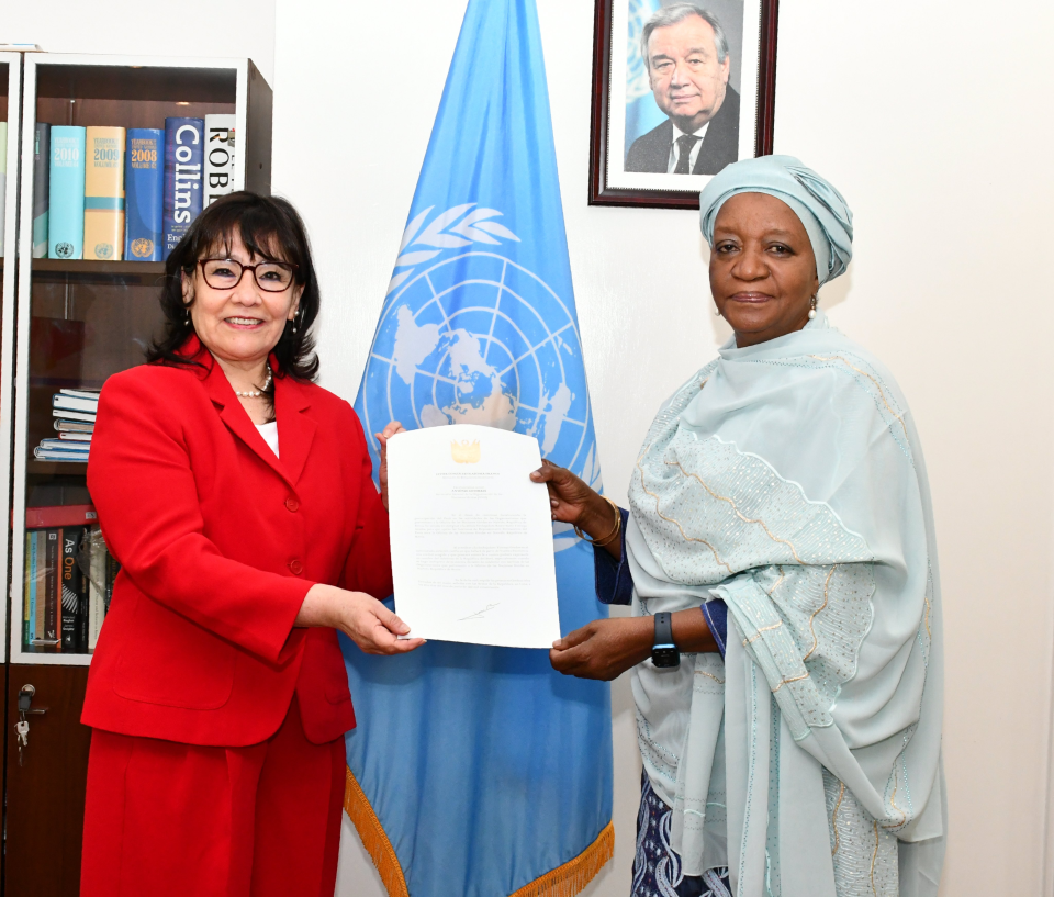 UNON Director General, Madam Zainab Hawa Bangura receiving credentials from H.E. Mrs. Romy Sonia Tincopa Grados